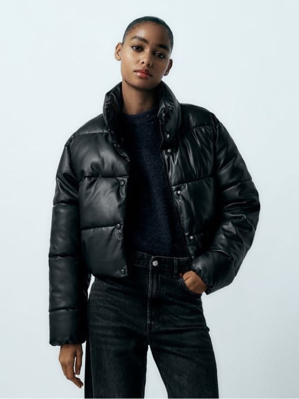 Zara Black Funnel Puffer Faux Leather Jacket size Large perfect oversized chic
